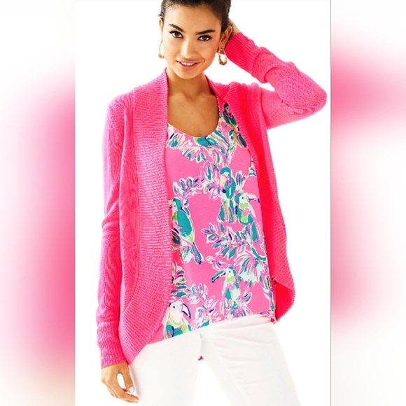 Lilly Pulitzer Amalie Open Front Knit Cardigan in Dragon Fruit Pink Sz Sm - Picture 3 of 13